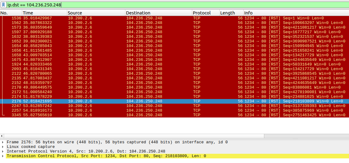 Wireshark filtering packets by detination address