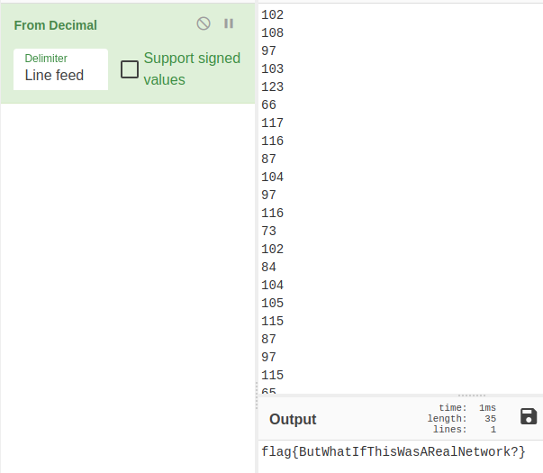 CyberChef conversion of flag data