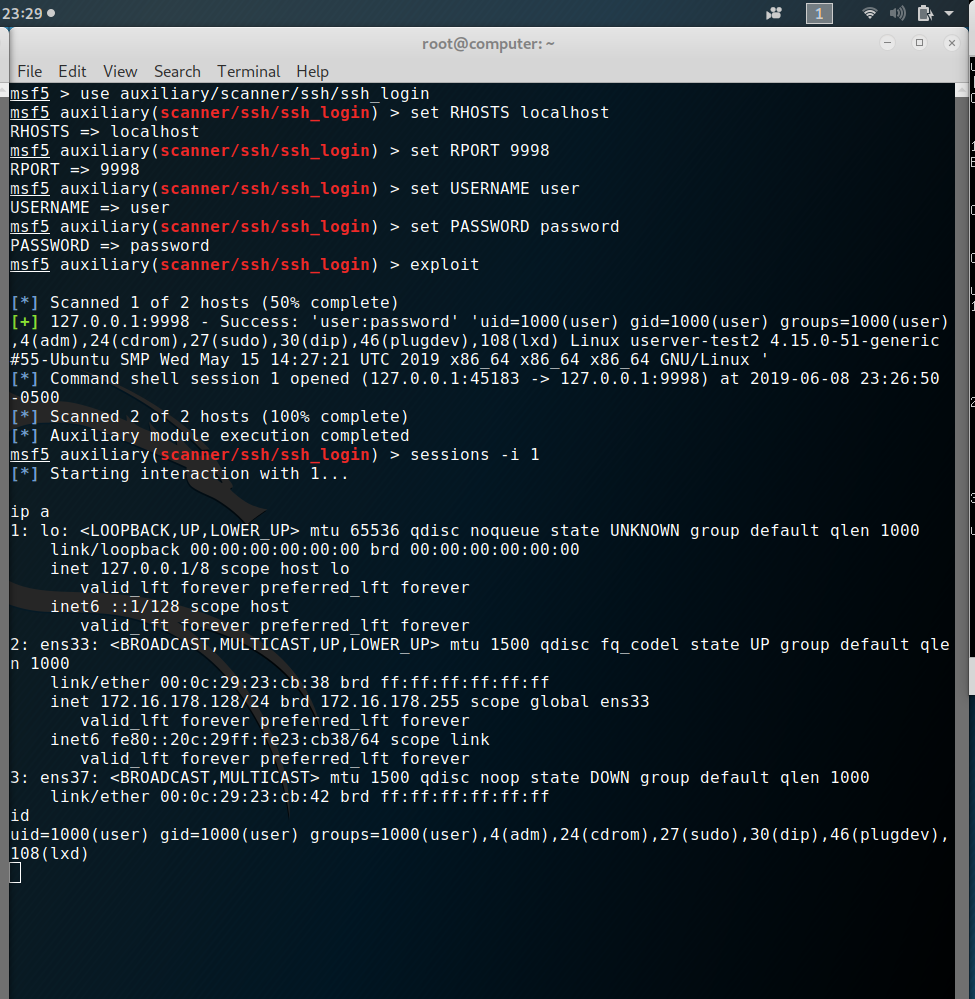 Example of using Metasploit ssh_login module across the earlier SSH local tunnels.