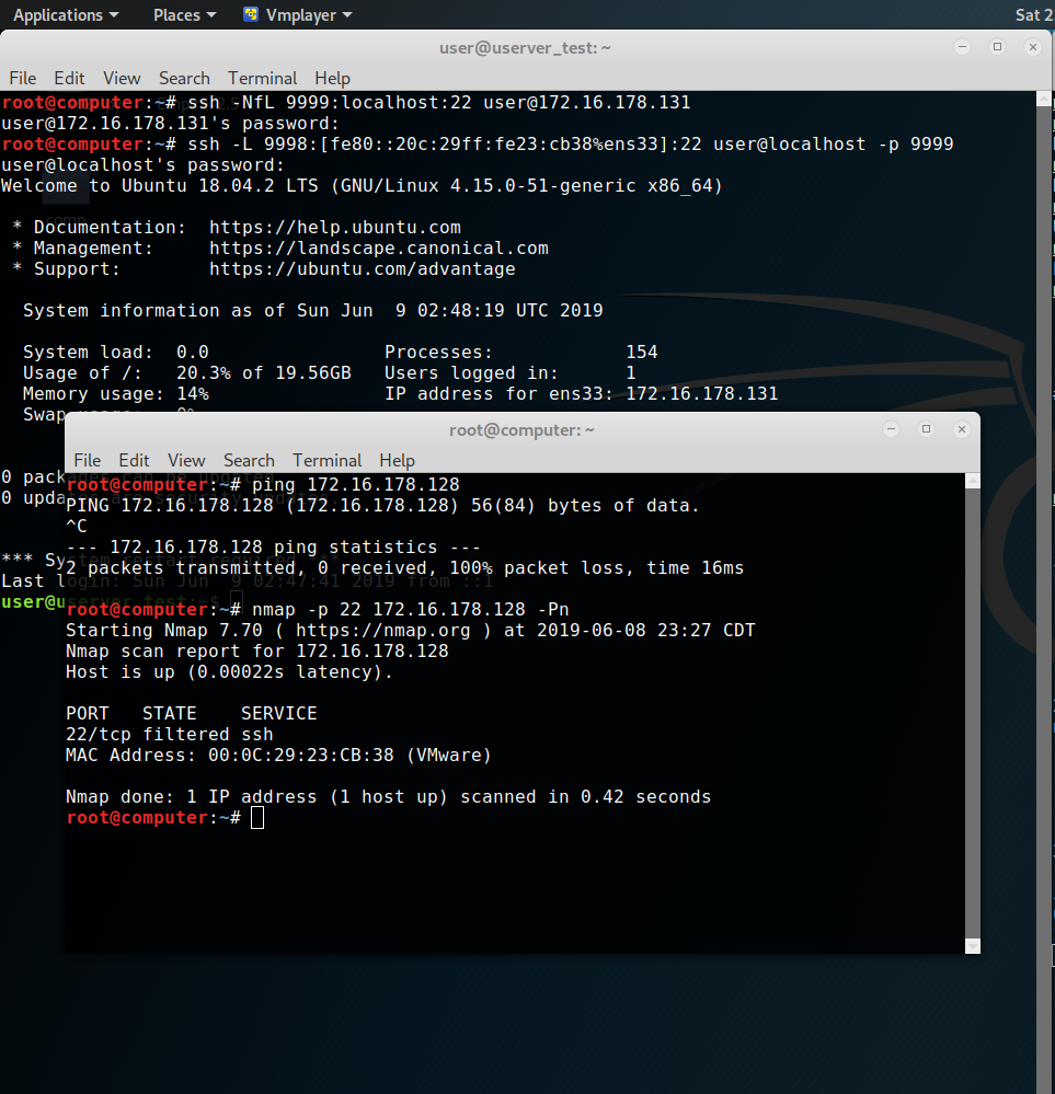 Image showing SSH local tunnel creation and inability to access a target box directly.
