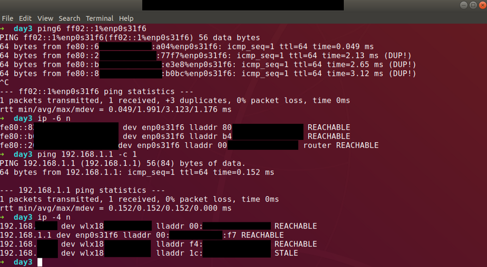 Using multicast all-hosts ping to populate NDP table and cross-referencing with ARP table.